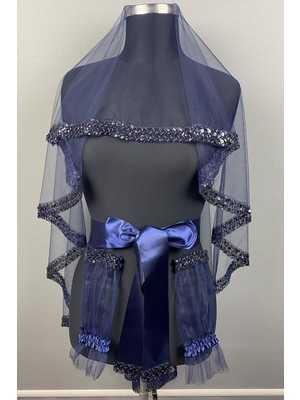 Lacivert Su Model Işlemeli Gelin Kına Duvağı Yüz Örtüsü