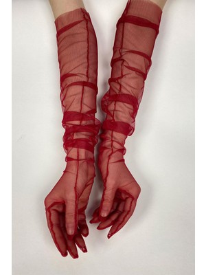 Kırmızı Uzun Şık Gelin Eldiveni Tül Eldiven Nikah/düğün/parti Eldiveni