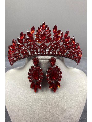 Hayalperest Boncuk Kırmızı Danver Taşlı Gelin Kına Tacı ve Abiye Küpe Seti