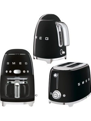 Smeg 50's Style Siyah Kettle - Ekmek Kızartma ve Filtre Kahve Makinesi Seti ile Retro Şıklık