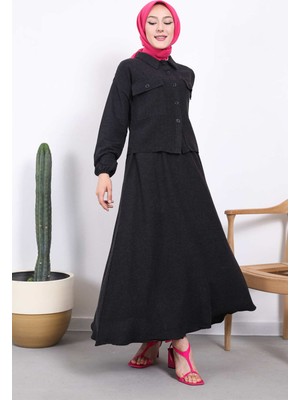 Antrasit Çift Cepli Etekli Keten Takım