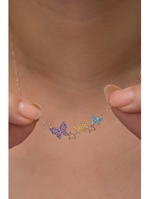 Nereze 925 Ayar Gümüş Rose Kaplama Sıralı Uçuşan Kelebekler Kolye