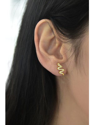 Papatya Silver 925 Ayar Gümüş Gold Kaplama Yılan Çivili Küpe Çift