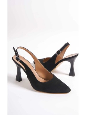 SkopjeShoes Skopje Shoes Siyah Süet Sivri 8 cm Arka Açık Klasik Topuklu Ayakkabı