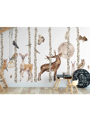 Kt Grup Özel Tasarım Sonbahar Ağaçları Muhteşem Hayvanlar ve Ay 3xl Premium Büyük Boy Duvar Sticker Seti