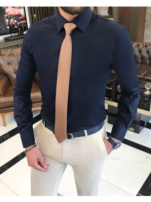 Terzi Adem İtalyan stil slim fit saten pamuk erkek kravat yaka gömlek lacivert T9423