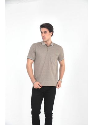 KMK Kombin  Baba Yakalı Cepli Desenli Model Klasik Kesim  T-Shirt