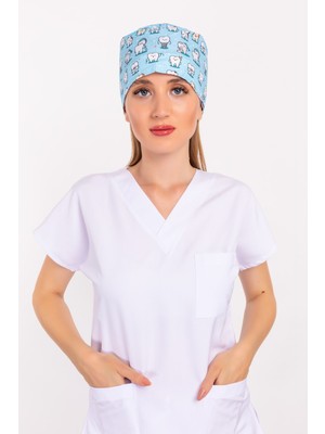 Nur Medikal Giyim Master Likra Mavi Diş Desenli Doktor Hemşire Hastane Diş Hekimi Cerrahi Bone