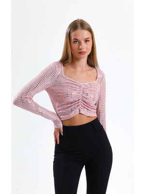 Sense Uzun Kol Önü Lastik Büzgülü Buzi Payet Bluz BLZ34189