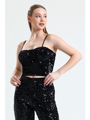 Sense Fermuarlı Payetli Kadife Bustiyer | BUS34034 Siyah Siyah