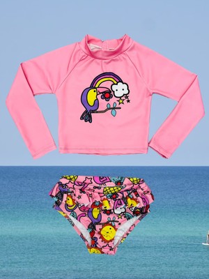 Lolliboom Kids Kız Çocuk Güneş Koruma Uzun Kol Crop Üst Fırfır Bikini Altı Takım Deniz Atı Yıldız Desen