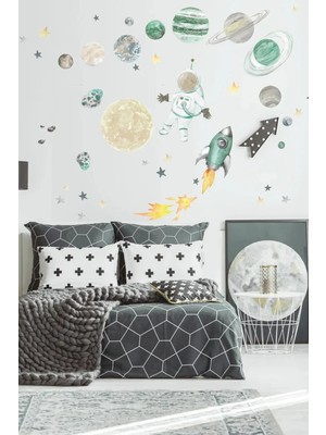 Kt Grup Uzay Boşluğu Astronot Gezegenler ve 150 Adet Yıldız Çocuk Odası Mega Duvar Sticker Seti