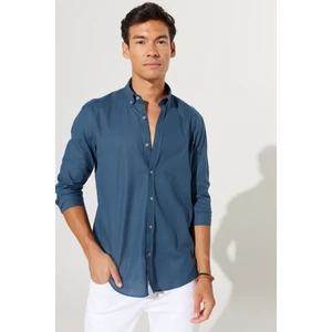 Altınyıldız Classics Erkek Koyu Petrol Slim Fit Düğmeli Yaka Keten Görünümlü %100 Pamuk Flamlı Gömlek