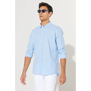 Altınyıldız Classics Erkek Mavi Slim Fit Dar Kesim Düğmeli Yaka Keten Görünümlü %100 Pamuk Flamlı Gömlek