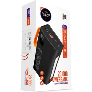 20.000 Mah Pd 22.5W Kablolu 3.0 Hızlı Şarj Gerçek 20.000 Mah Garantili Işıklı QC20 Siyah Powerbank