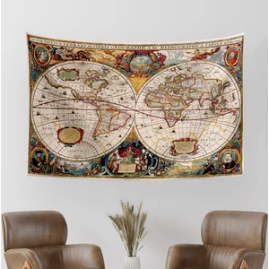 Hondius 1630 Antik Dünya Haritası Desenli Turuncu-Beyaz Mikrofiber Bohem Duvar Örtüsü, Yatak ve Oturma Odası, 200x140 cm