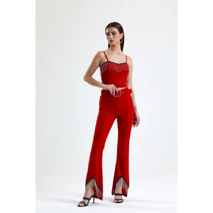 Beli Kemerli Sıralı Taş Zincir Detaylı  Scuba Krep Abiye Pantolon | PNT34307