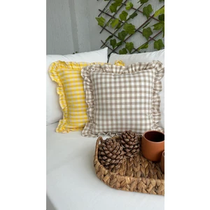 Decamor Home Vintage Fırfırlı Pötikareli Keten Bej Kırlent Kılıfı