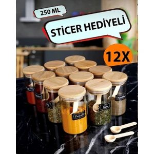 Kitchen Pembelia 12'Li Etiketli Bambuvakumlu Kapaklı 250ml Baharatlık Ve 12 Baharat Kaşık