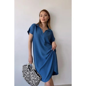 New Laviva Kadın Indigo Kısa Kol, Polo Yaka, Dokulu Desen, Basic Kalıp/kesim, Aerobin Rahat Midi Elbise