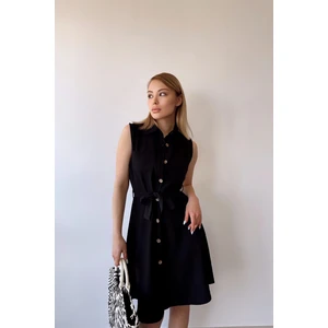 New Laviva Kadın Siyah Kolsuz, Gömlek Yaka, Düz Desen, Çift Cep, A-Line Kesim, Aerobin, Kuşaklı Midi Elbise