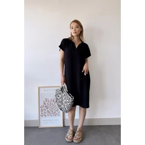 New Laviva Kadın Siyah Kısa Kol, Polo Yaka, Dokulu Desen, Basic Kalıp/kesim, Aerobin Rahat Midi Elbise