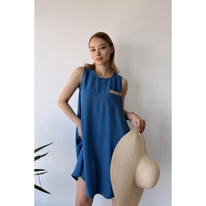 New Laviva Kadın Indigo Kolsuz, Yuvarlak Yaka, Düz Desen, Tek Cep, A-Line Kesim, Aerobin Hasır Cep Midi Elbise