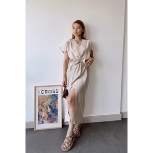 New Laviva Kadın Taş Kısa Kol, V Yaka, Düz Renk Desen, Basic Kalıp/kesim, Aerobin Kumaş, Kuşaklı Maxi Elbise