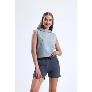 Gri Melanj Kolsuz Kapüşonlu Crop Tişört