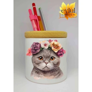 Eylül Design Çiçekli Kedi Baskılı Seramik Kalemlik Ahşap Detaylı Makyaj Fırça Kutusu Kalem Kutusu