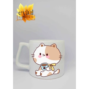 Eylül Design Kahve İçen Kedi Baskılı Seramik Kupa Bardak