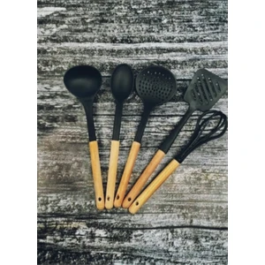 Tby Shop 6'Lı Ahşap Saplı Plastik Kepçe Kevgir Kaşık Spatula Ezici Ve Çırpıcı Siyah Servis Seti