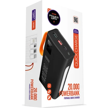 Powerway  20.000 Mah Pd 22.5W Kablolu 3.0 Hızlı Şarj Gerçek 20.000 Mah Garantili Işıklı QC20 Siyah