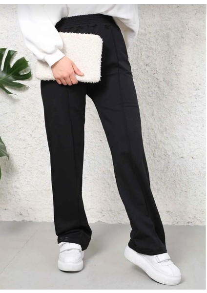 Kadın Siyah Çimalı Bol Paça Eşofman Altı