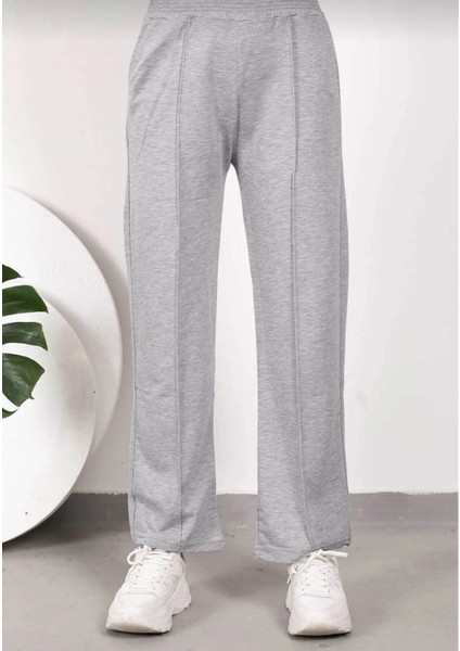 Kadın Gri Çimalı Bol Paça Eşofman Altı