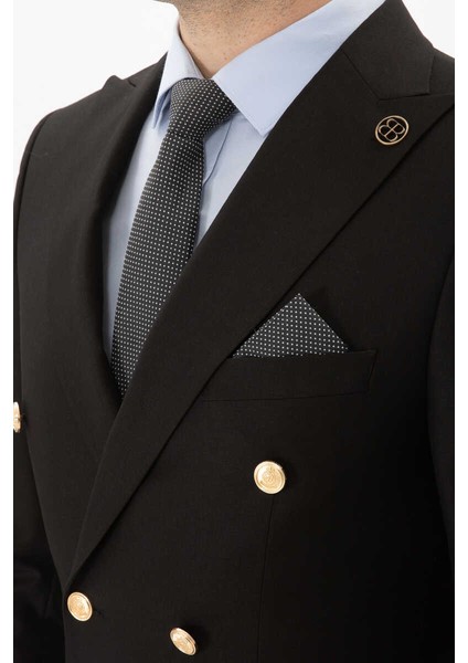 Slim Fit Duz Kruvaze Takım Elbıse Siyah