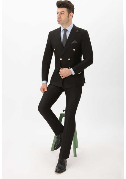 Slim Fit Duz Kruvaze Takım Elbıse Siyah