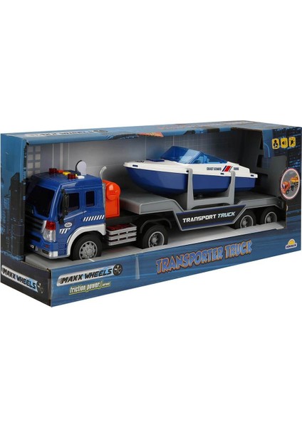 1:16 Maxx Wheels Sesli ve Işıklı Bot Taşıyıcı Tır 38 cm - Mavi