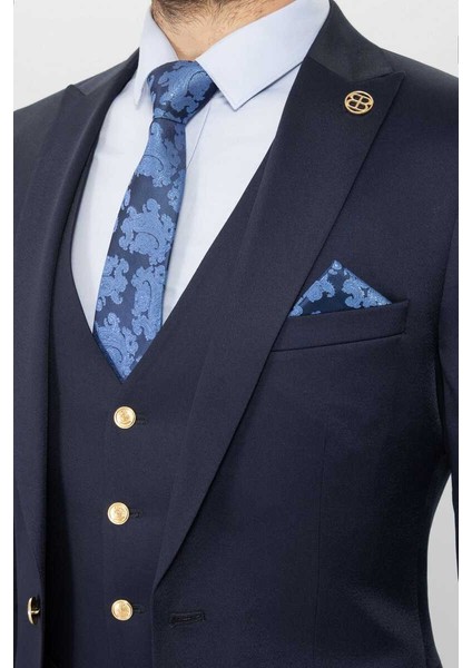 Slim Fit Duz Yeleklı Takım Elbıse Lacivert
