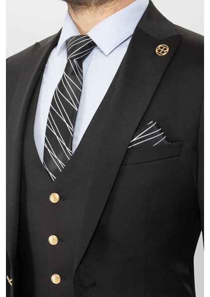Slim Fit Duz Yeleklı Takım Elbıse Siyah