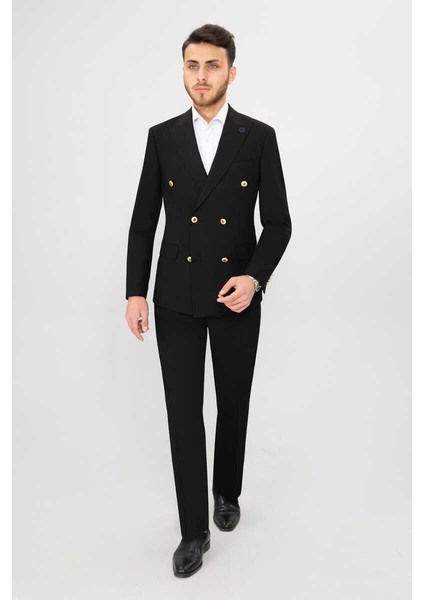Slim Fit Bırdeye Kruvaze Takım Elbıse Siyah