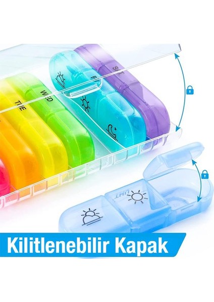 Haftalık Ilaç Saklama Kutusu 21 Gözlü Kilitli Kapaklı Hap Ilaç Vitamin Saklama Kutusu Kabı