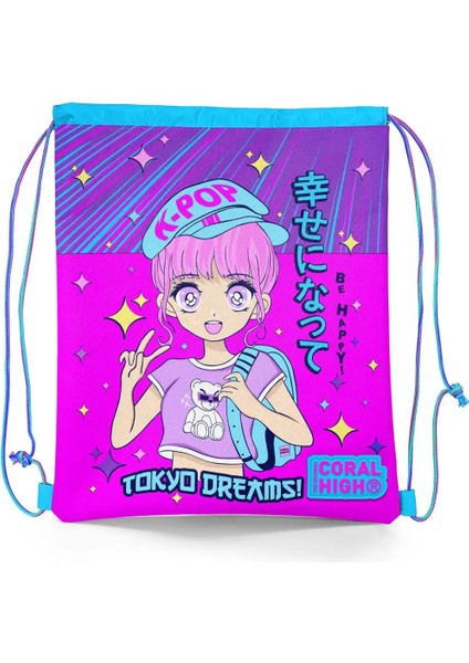 Kids Mor Pembe Mavi K-Pop Desenli Ipli Büzgülü Sırt Çantası 22477