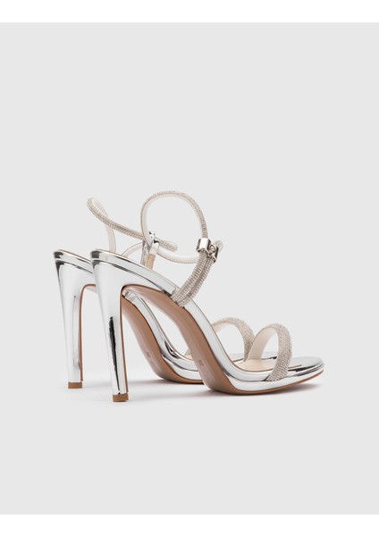 Durgesh Hakiki Deri Kadın Gümüş Taşlı Topuklu Sandalet