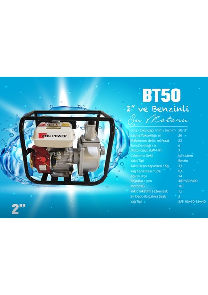 Amc Power  BT50 Benzinli Su Motoru Motopomp 2 Parmak