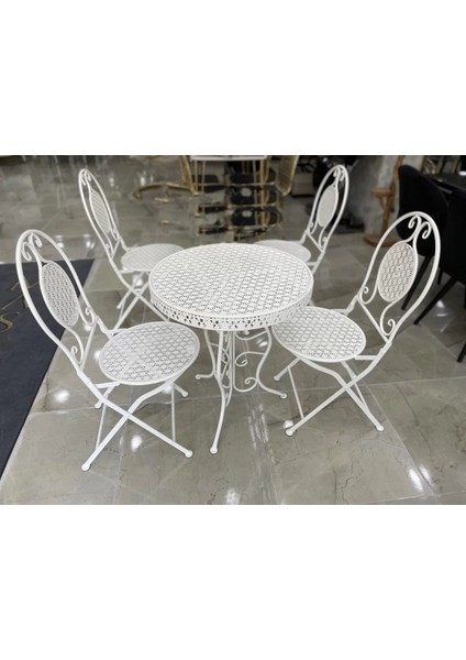 Ferforje Katlanır 1 Masa 4 Sandalye Balkon Takımı Beyaz 60CM