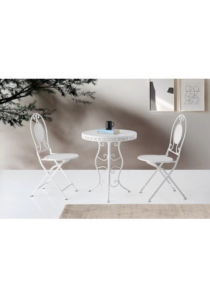 Ferforje Katlanır 1 Masa 4 Sandalye Balkon Takımı Beyaz 60CM