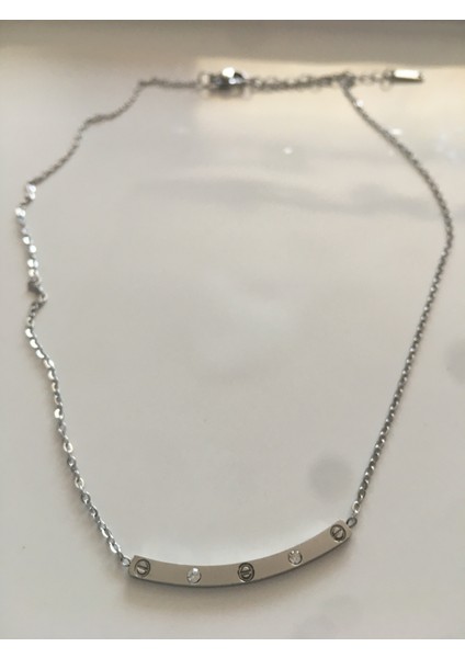 Zincirli Çelik Taşlı Kolye, Silver