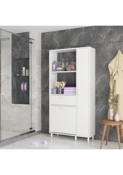 Modilayn Sepetli ve Kapaklı Dolaplı Banyo Dolabı