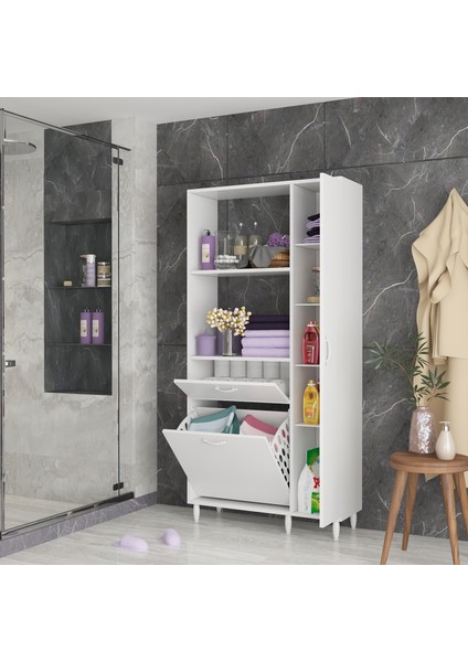 Modilayn Sepetli ve Kapaklı Dolaplı Banyo Dolabı